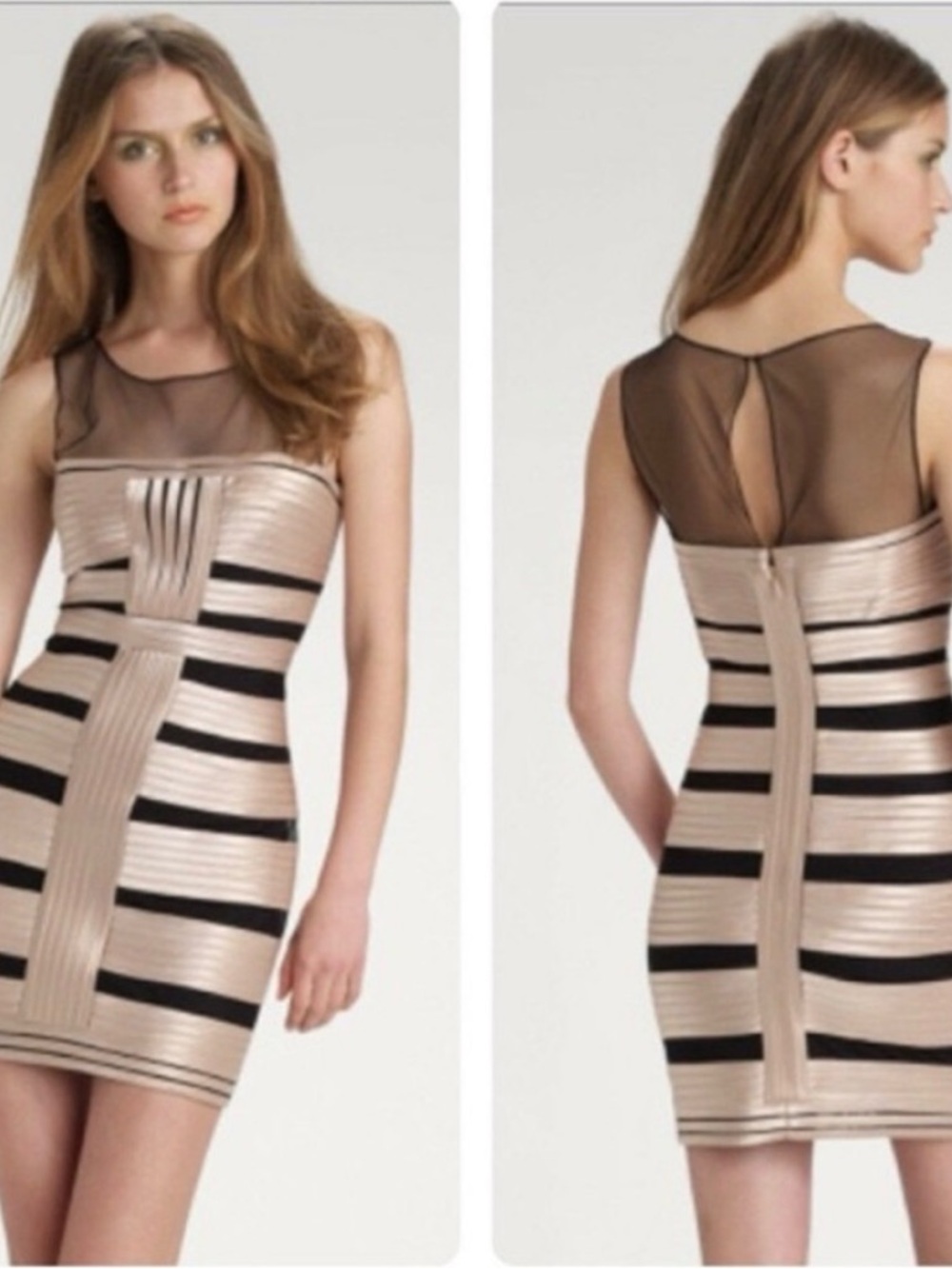 BCBGMaxAzria Brenda Black and Champagne Blush Striped Bandage Mini Dress